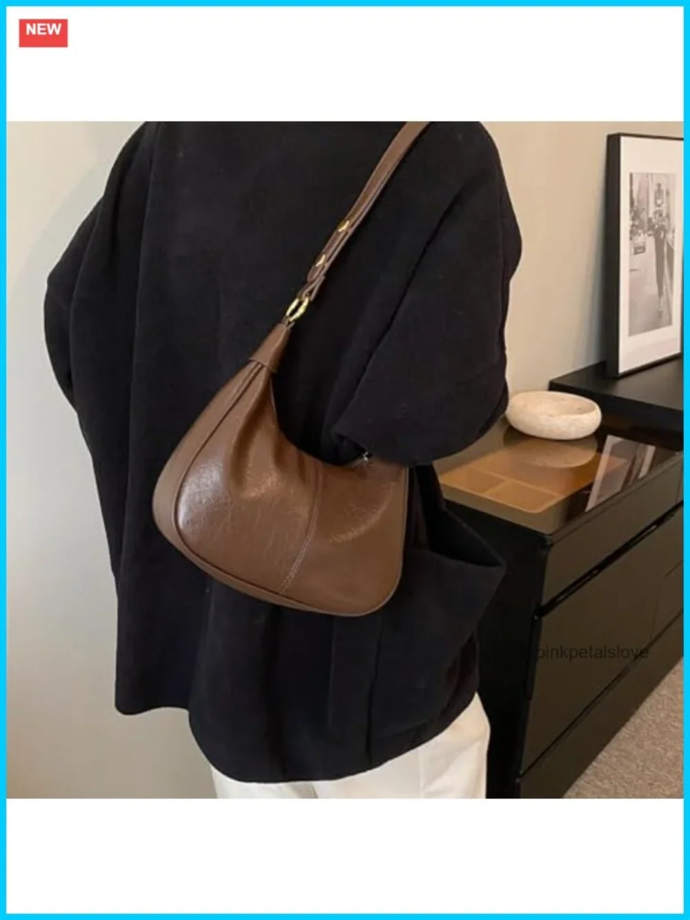 PU Leather Crescent Hobo Bag with Zipper Closure and Adjustable Strap